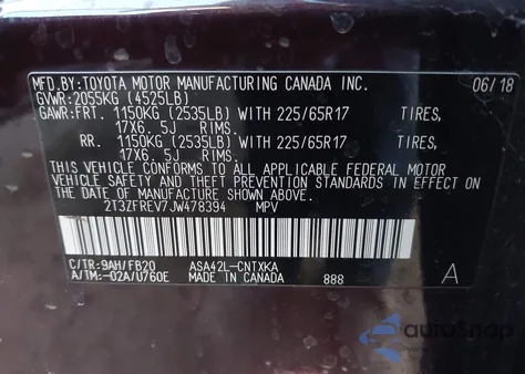 2018 Toyota Rav4 Le from USA, damaged, VIN 2T3ZFREV7JW478394